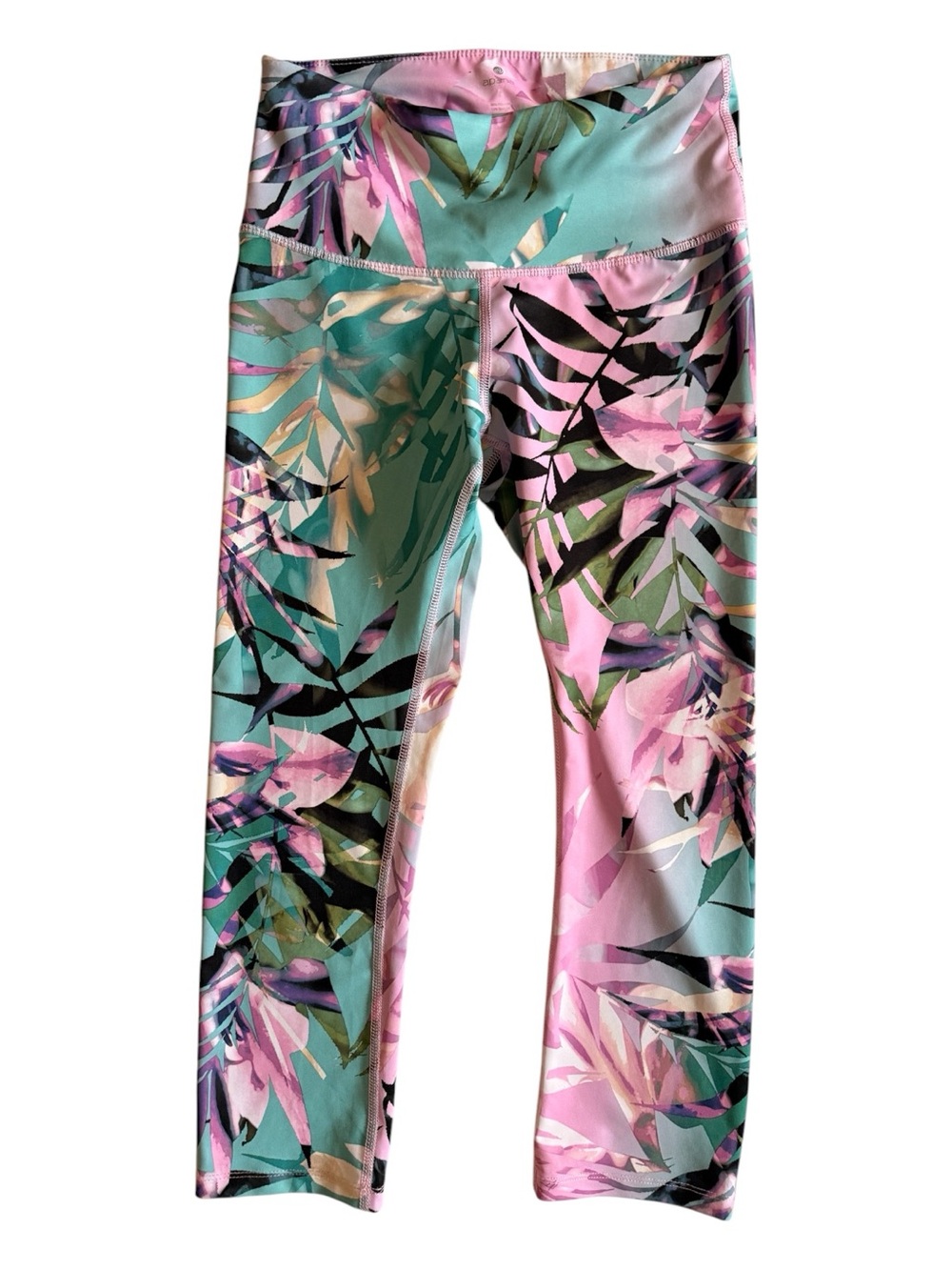 Apana Tropical Palm Floral High Rise Leggings Pink Mint Green Small NEW
